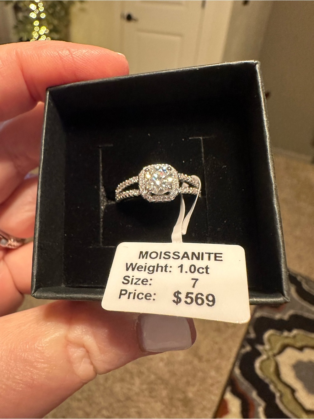 Moissanite Halo Split-Shank Ring in Silver Tone - 1.0ct, Size 7